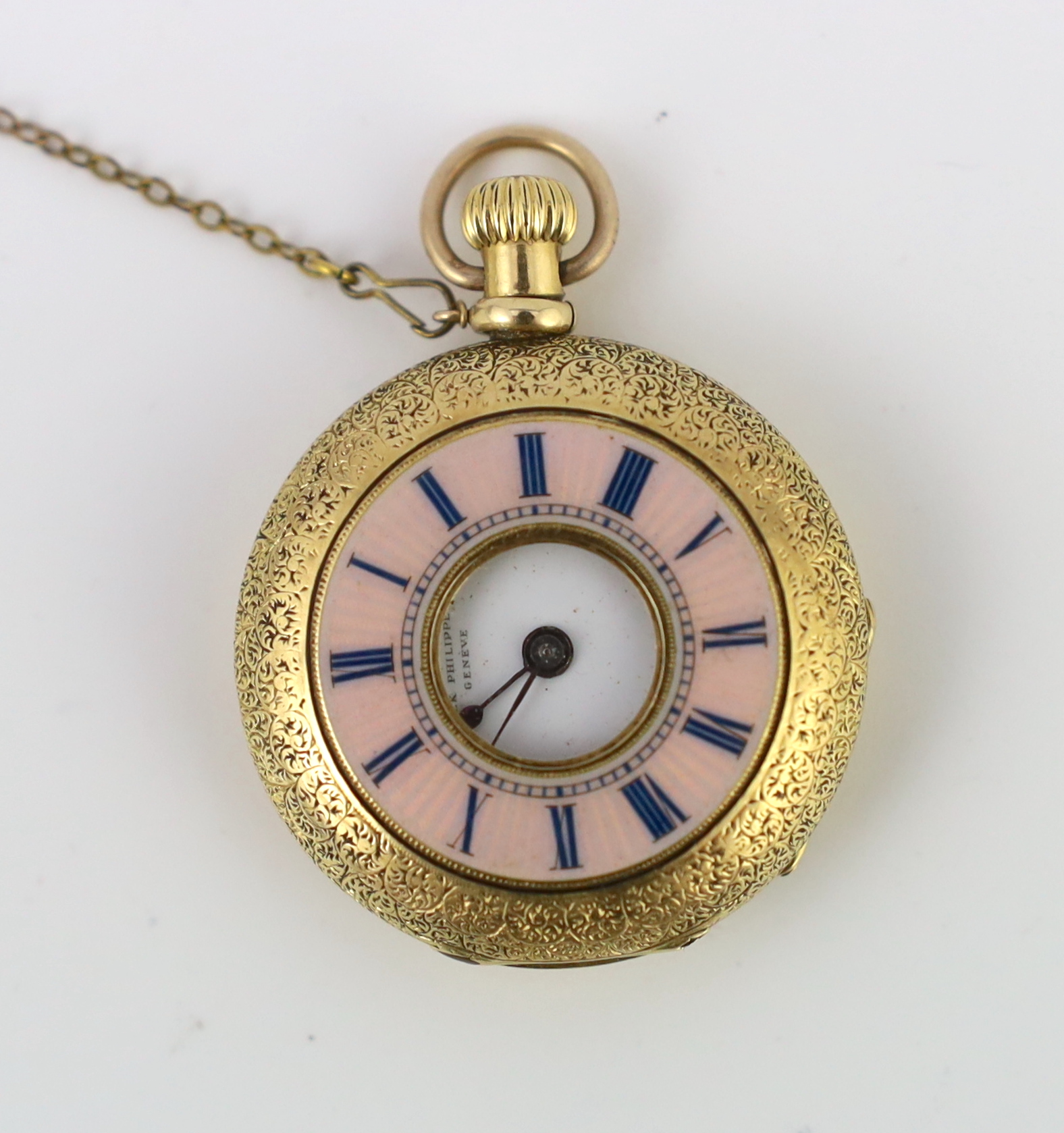 An early 20th century engraved 18ct gold and pink guilloche enamel Patek Philippe keyless fob watch